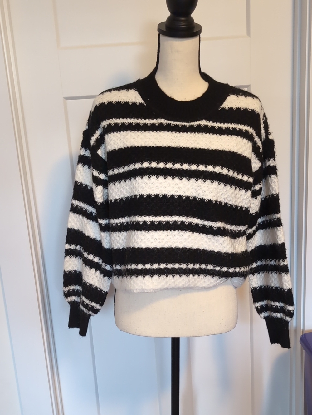 Jessica Simpson Black and White Striped Crewneck Sweater
